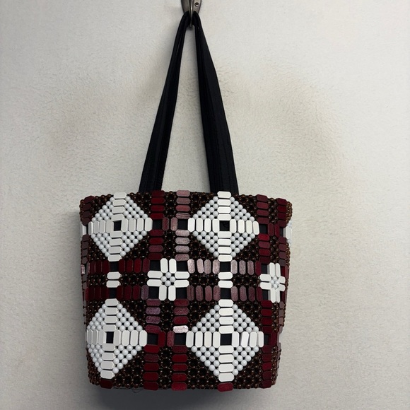 African Beaded Structured Handbag Red White Black - Picture 1 of 11
